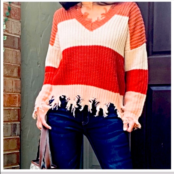 Private Label Sweaters - Hot🔥Striped sweater w/gr8 color & on-trend fray